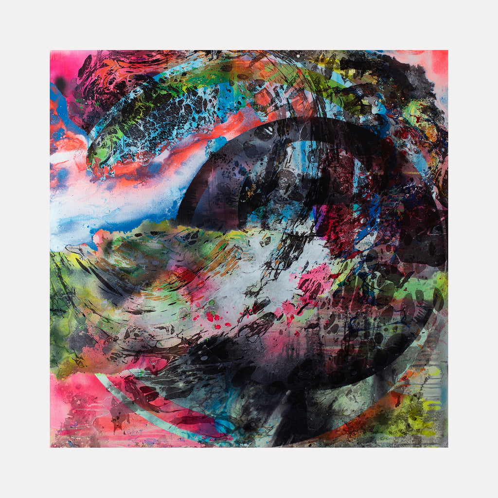 The artwork 'We Are Here Now' by Millie Benson features a dynamic abstract composition with a prominent circular form in deep black, surrounded by explosive bursts of color including vibrant pink, turquoise, and lime green. The mixed media piece showcases energetic brushstrokes, dripping effects, and layered textures created through gouache, spray paint, and conte crayon on canvas.