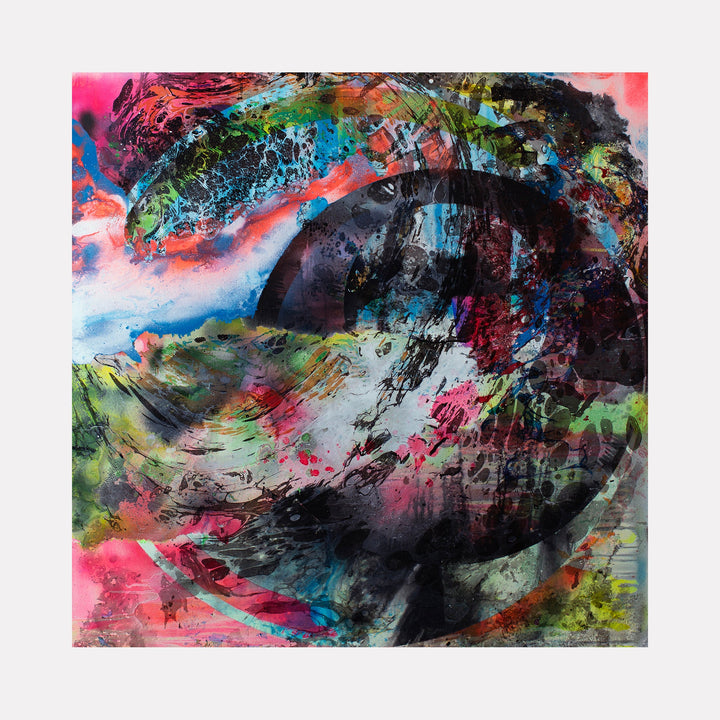 The artwork 'We Are Here Now' by Millie Benson features a dynamic abstract composition with a prominent circular form in deep black, surrounded by explosive bursts of color including vibrant pink, turquoise, and lime green. The mixed media piece showcases energetic brushstrokes, dripping effects, and layered textures created through gouache, spray paint, and conte crayon on canvas.