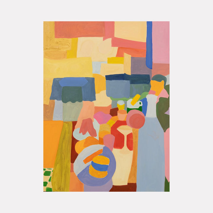 The artwork "Birthday Dinner" by Chelsie Sunde features an abstract oil on canvas composition measuring 40 by 30 inches. It showcases bold, geometric shapes in warm pastel tones of pink, orange, yellow, and blue, reminiscent of Henri Matisse’s Fauvist style and the blocky forms seen in early Cubism, with layered textures creating a vibrant, modern still life atmosphere.