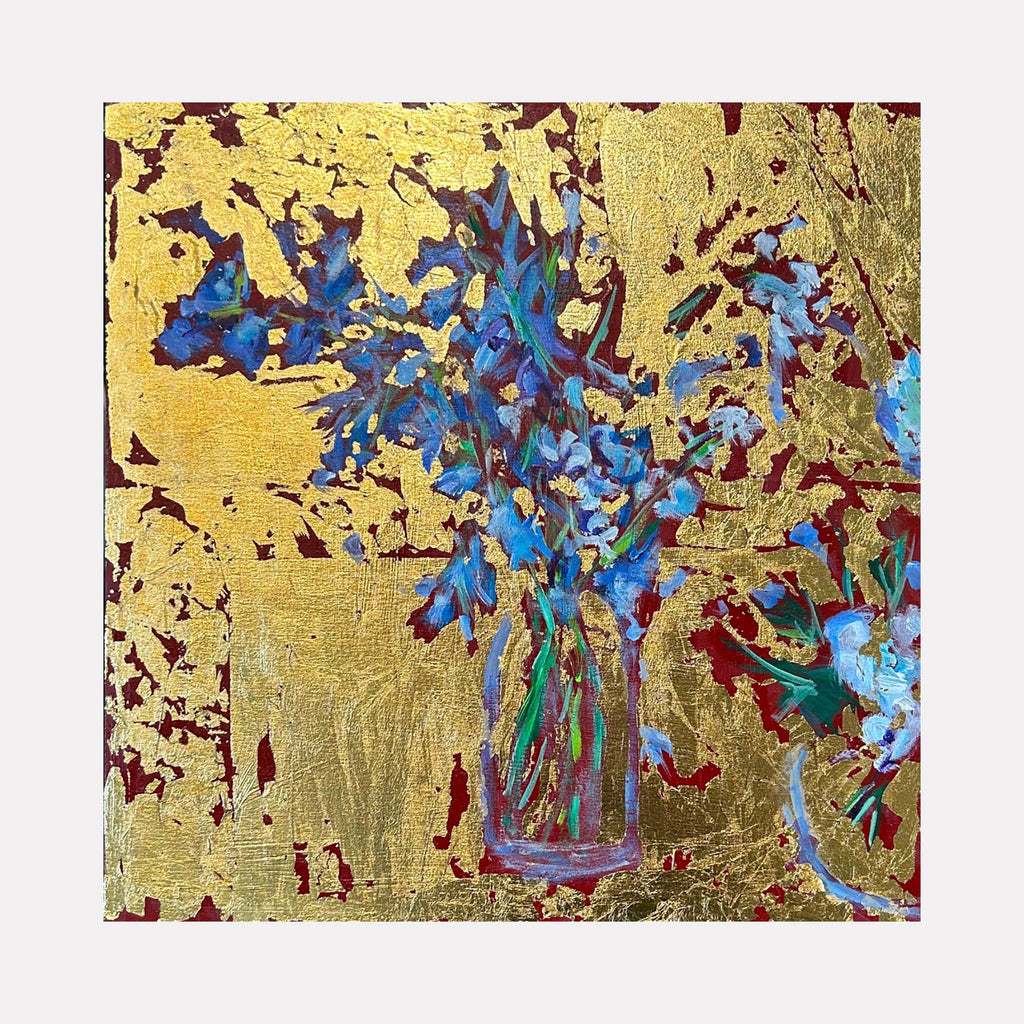 The artwork "Blues and whites in 2 glass vases" by Owen Brown features two glass vases holding blue and white flowers against a textured, rich gold background with hints of deep red. The mixed media piece combines vibrant floral forms with a metallic surface, evoking the decorative elegance seen in Gustav Klimt’s ornamental style and the expressive brushwork of Vincent van Gogh.