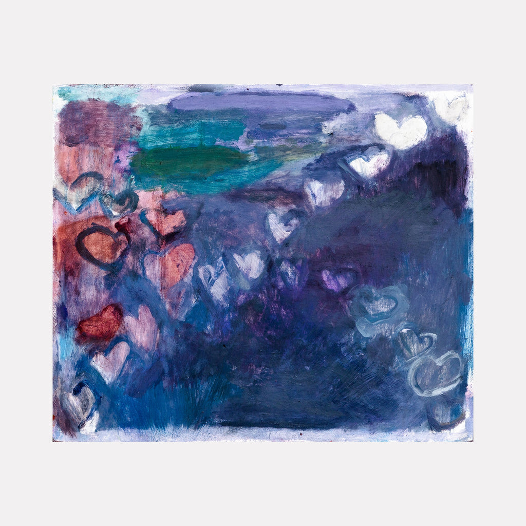 The artwork "collected into memories" by Aliza Sternstein features an abstract composition with heart shapes scattered across a textured canvas. It blends deep blues, purples, and soft reds with hints of teal and white highlights. The style evokes the emotive abstraction seen in works by Mark Rothko and Helen Frankenthaler, emphasizing mood and memory.