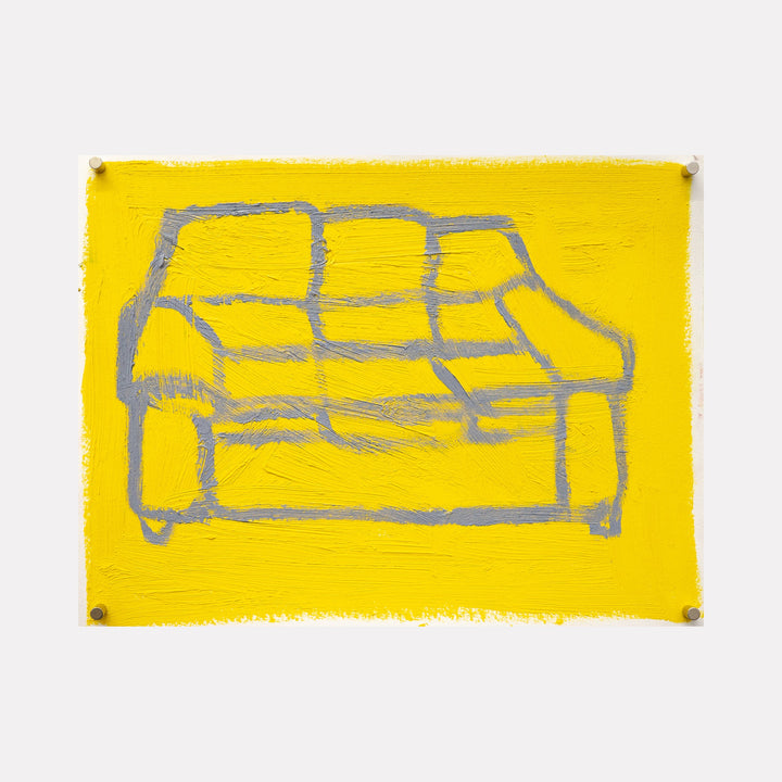 The artwork "couch II" by Chelsie Sunde features a minimalist sketch of a couch outlined in gray against a vibrant yellow background. The textured brushstrokes create a raw, expressive feel, emphasizing the couch's structure with simple, bold lines and a modern artistic style. Chelsie Sunde.
