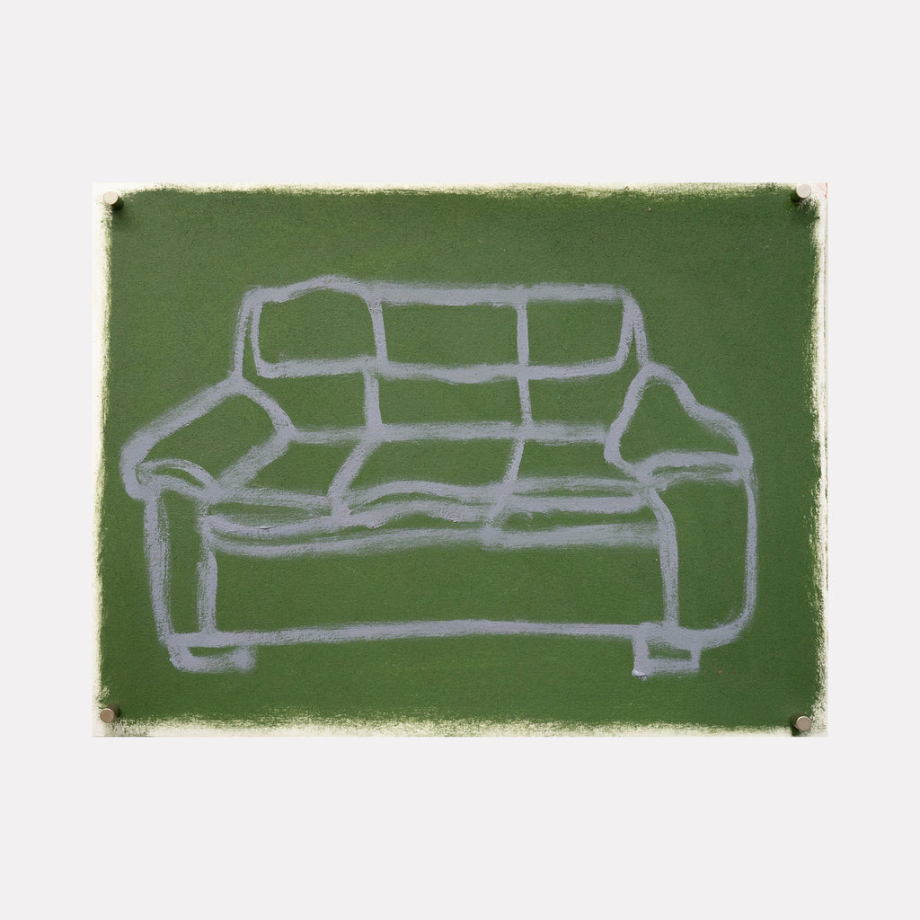 The artwork "couch I" by Chelsie Sunde features a minimalist line drawing of a couch in light gray against a textured, solid olive green background. The simple, sketch-like style emphasizes the couch’s armrests, cushions, and structure with an artistic, hand-drawn effect. Chelsie Sunde.