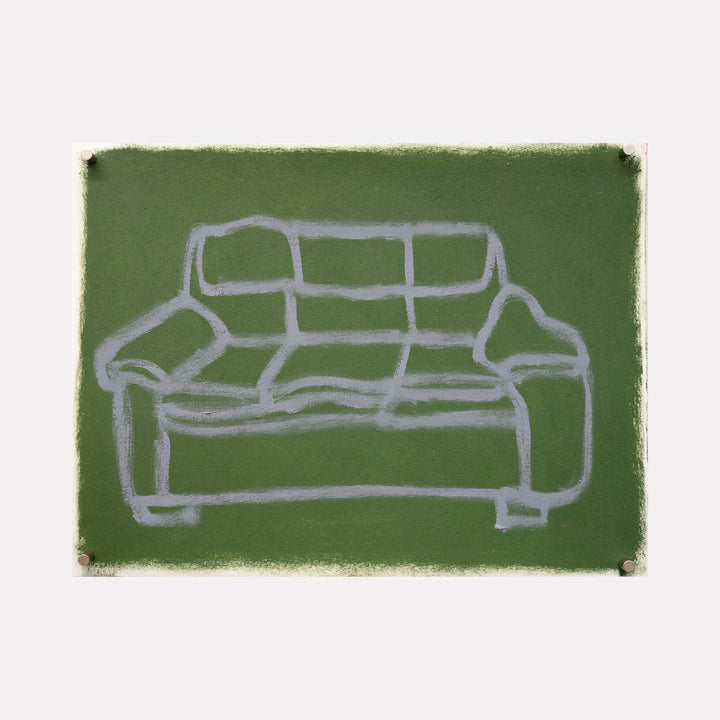 The artwork "couch I" by Chelsie Sunde features a minimalist line drawing of a couch in light gray against a textured, solid olive green background. The simple, sketch-like style emphasizes the couch’s armrests, cushions, and structure with an artistic, hand-drawn effect. Chelsie Sunde.