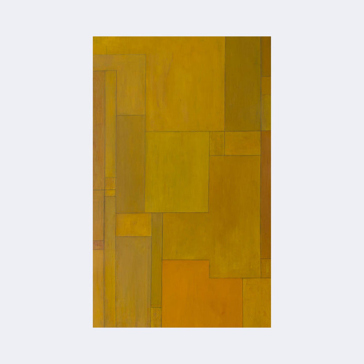 The artwork "Courage" by Stephen Cimini features an abstract composition of interlocking geometric shapes in varying shades of mustard yellow and ochre. The textured, layered rectangles and squares evoke the minimalist styles of Piet Mondrian and Richard Diebenkorn, emphasizing balance and structure with a warm, earthy palette.