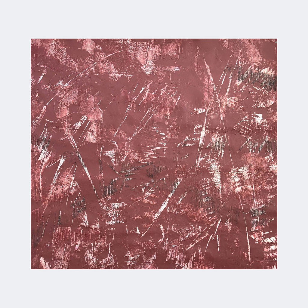 The artwork "Directions to Earth 6" by Albion Vu features an abstract composition dominated by deep rust and muted mauve tones with textured brushstrokes and scratch-like marks creating a dynamic surface. The style evokes influences from artists like Gerhard Richter and Mark Rothko, blending expressive abstraction with layered complexity.