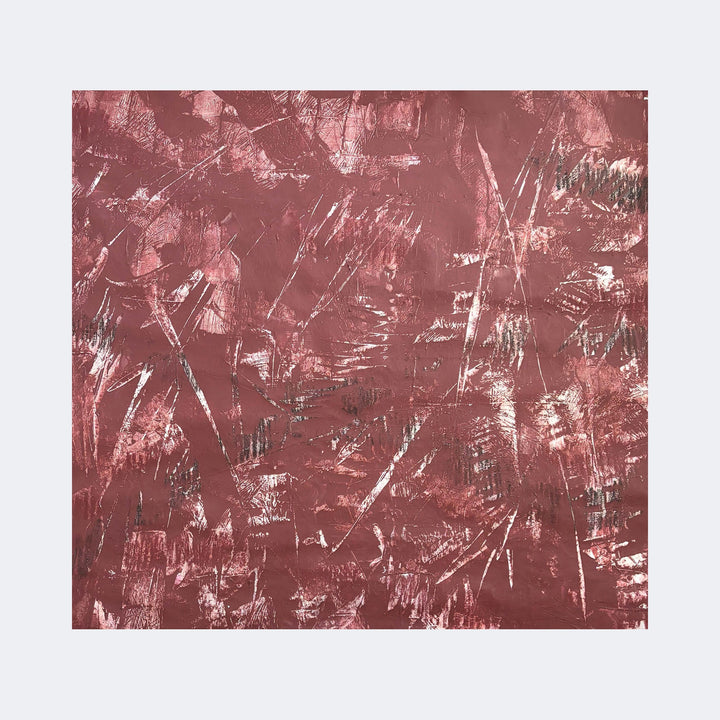 The artwork "Directions to Earth 6" by Albion Vu features an abstract composition dominated by deep rust and muted mauve tones with textured brushstrokes and scratch-like marks creating a dynamic surface. The style evokes influences from artists like Gerhard Richter and Mark Rothko, blending expressive abstraction with layered complexity.