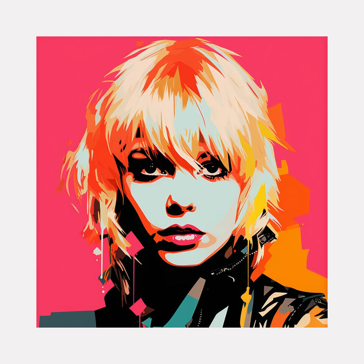 The artwork "Disco Queen" by Claudia Sauter in gallery position 1 presents a vibrant neon portrait of a woman with layered orange, cream, and teal hair against a bold pink and orange geometric background. The graphic, high-contrast style combines the pop art flair of Andy Warhol with the sharp edges inspired by Patrick Nagel’s iconic portraits.