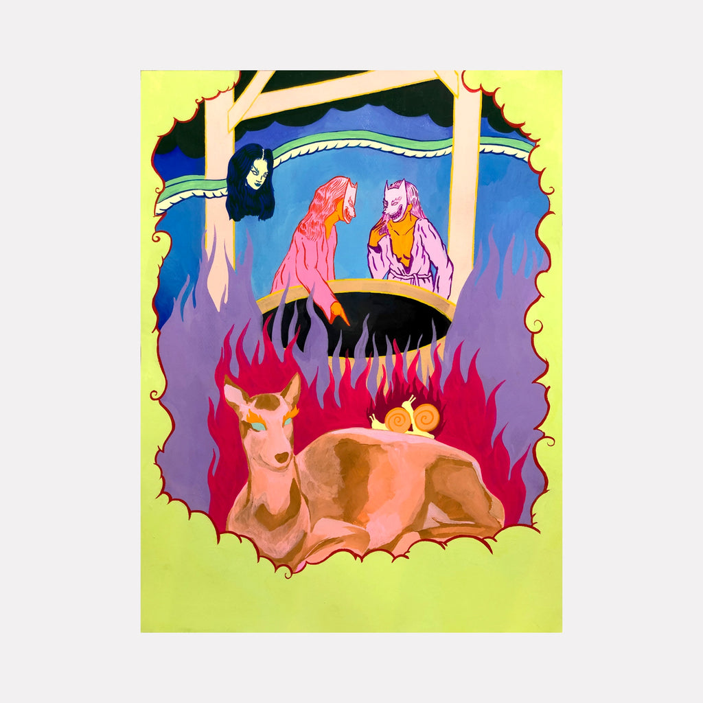 A Drip in the Distance by Eriko Hattori presents a surreal scene featuring a reclining deer with a snail on its back, surrounded by stylized red flames and a dreamlike yellow frame. Above, two robed figures converse near a large cauldron, while a disembodied head floats nearby, creating an enigmatic, mystical atmosphere.