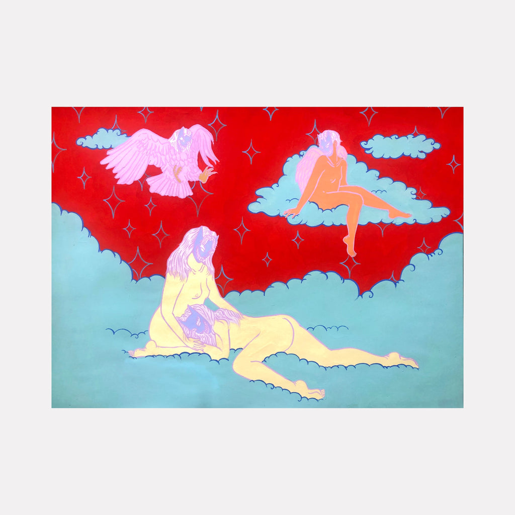 Night Sky by Eriko Hattori depicts a surreal scene with ethereal figures in soft pastel tones reclining and sitting on pale blue clouds against a vibrant red sky dotted with subtle star-like sparkles, blending dreamlike human forms and a bird in a delicate, modern composition that evokes calm and otherworldly reverie.