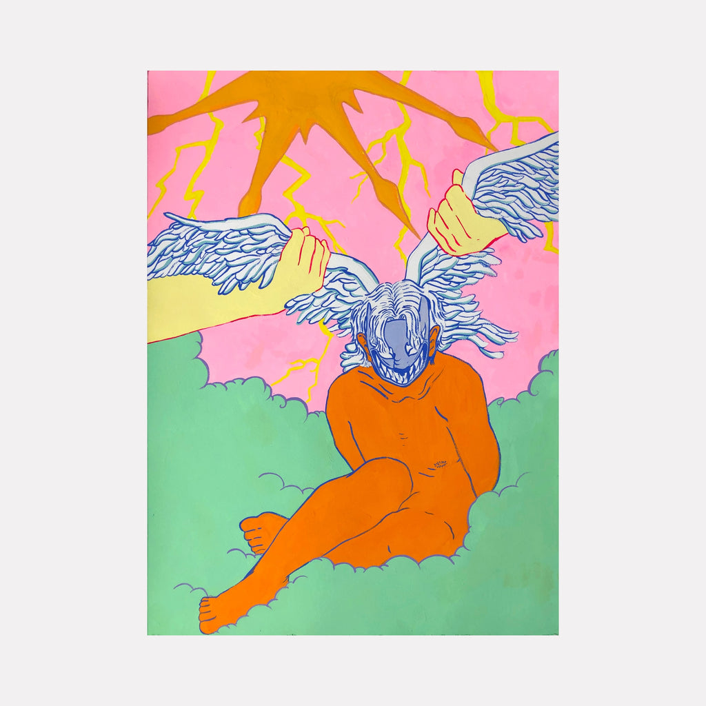 Where do you go when the light's too bright? by Eriko Hattori depicts a figure cloaked in vibrant orange, seated amid soft green clouds beneath a large, radiant pink sky. Fragmented blue wings held by oversized hands emerge overhead, suggesting a dreamlike, surreal exploration of vulnerability and escape from overwhelming brightness.