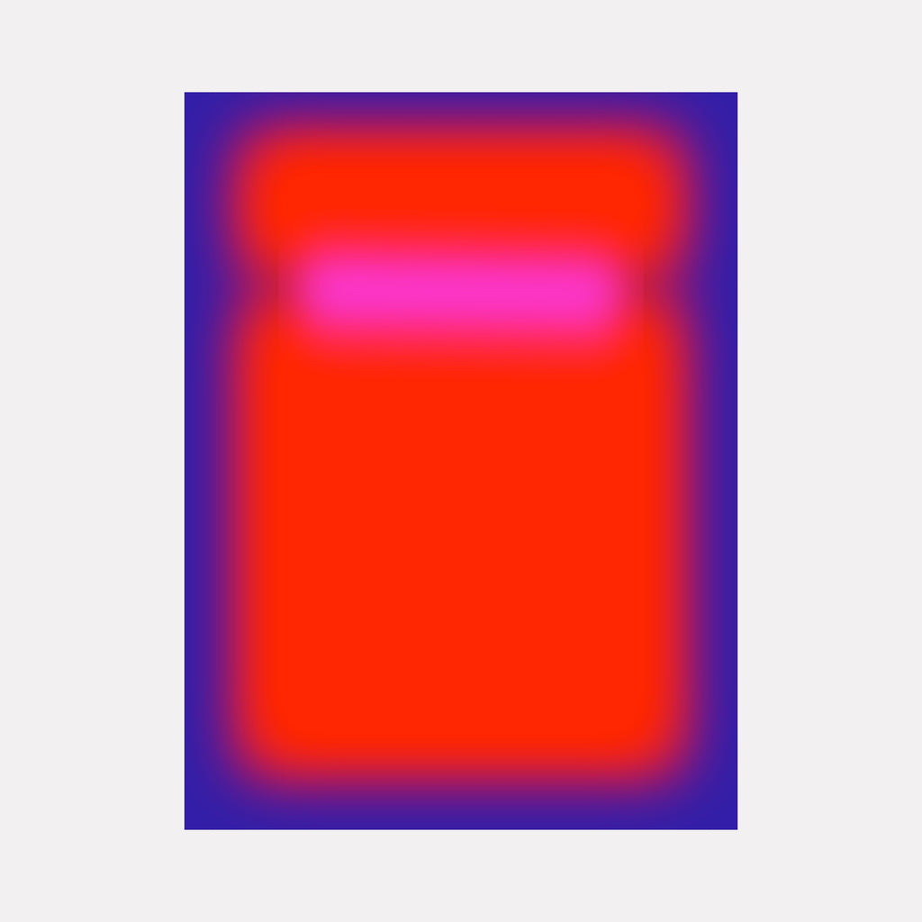 Glow [III] by Harold Herb presents a bold abstract composition with a central vibrant red shape softly merging into a surrounding deep blue background, accented by a glowing horizontal pink band that adds a subtle yet striking contrast, evoking a modern and contemplative atmosphere rich in color intensity and luminous gradients.