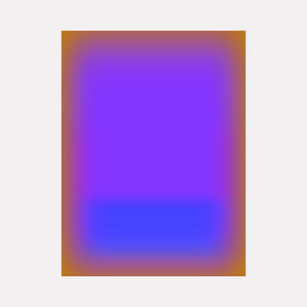 Glow [IX] by Harold Herb features a serene abstract design with a luminous violet rectangular core softly fading into a rich amber border, complemented by a deep blue horizontal band near the base, evoking a harmonious and contemplative balance of glowing colors in a sleek modern composition.