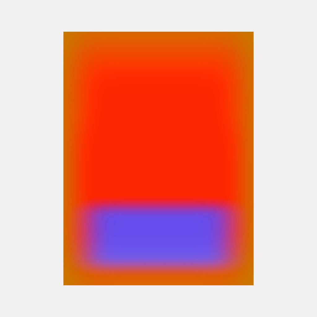 Glow [VIII] by Harold Herb features a bold abstract composition with a striking rectangular field of vibrant red transitioning into a vivid blue block below, all softly framed by a warm gradient of earthy orange tones. The piece evokes dynamic contrast and balanced energy through its smooth, layered color transitions.