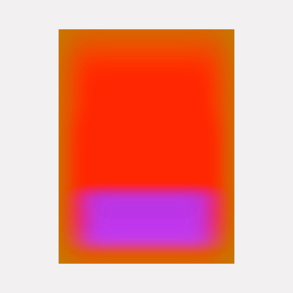 Glow [VII] by Harold Herb reveals a luminous abstract layout with a bold red rectangular form dominating the upper area, gently blending into a vibrant lavender horizontal shape near the bottom, all softly framed by a warm amber gradient that enhances the subtle radiance and modern minimalism of the composition.