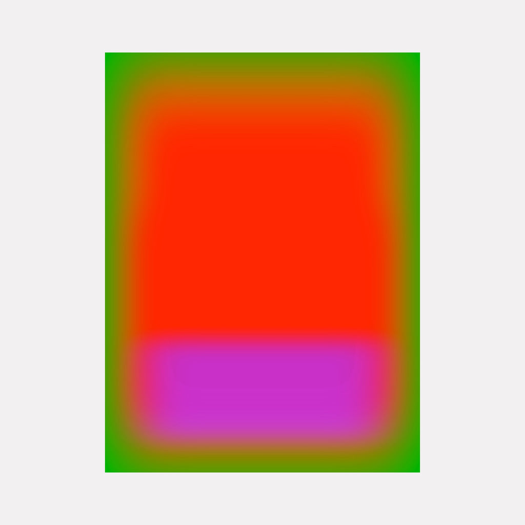 Glow [VI] by Harold Herb showcases a vibrant fusion of fiery red blending into a rich violet base, all framed by a soft green gradient. This abstract composition offers a bold yet harmonious contrast, evoking warmth and calm through smooth transitions and luminous color layering with a contemporary edge.