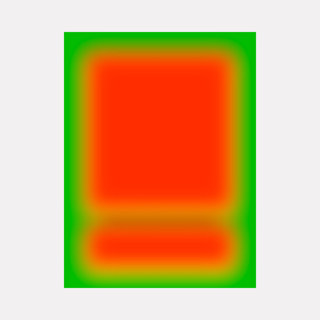 Glow [V] by Harold Herb showcases a vibrant abstract composition with a glowing red central form softly transitioning into warm orange and surrounded by an intense green border, evoking a striking contrast and a dynamic interplay of luminous color fields in a minimalist, contemplative modern artwork.