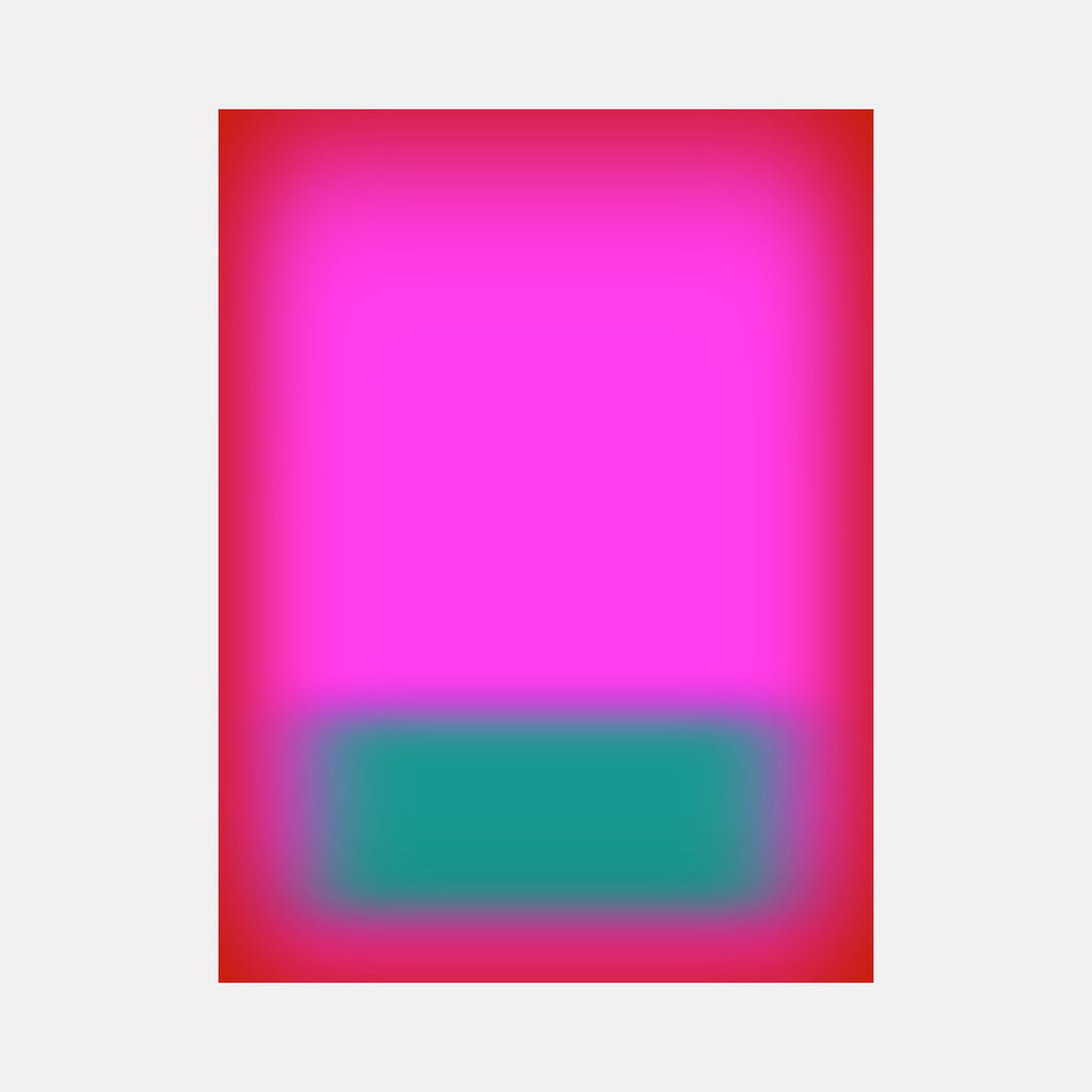 Glow [XIII] by Harold Herb displays a vivid abstract design with a bright magenta central rectangle softly fading into a bold red frame, highlighted by a deep teal horizontal block near the lower edge, offering a dynamic and radiant color contrast in a refined, contemporary minimalist style.