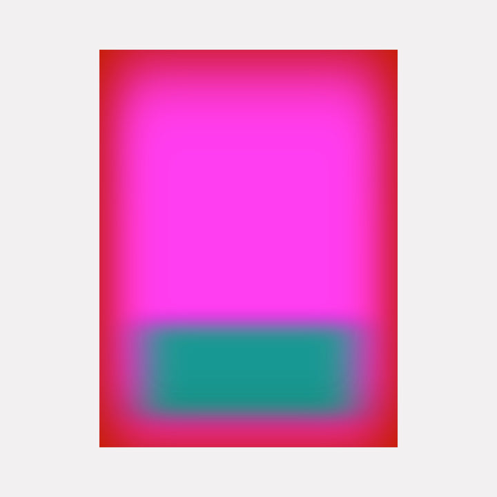 Glow [XIII] by Harold Herb displays a vivid abstract design with a bright magenta central rectangle softly fading into a bold red frame, highlighted by a deep teal horizontal block near the lower edge, offering a dynamic and radiant color contrast in a refined, contemporary minimalist style.