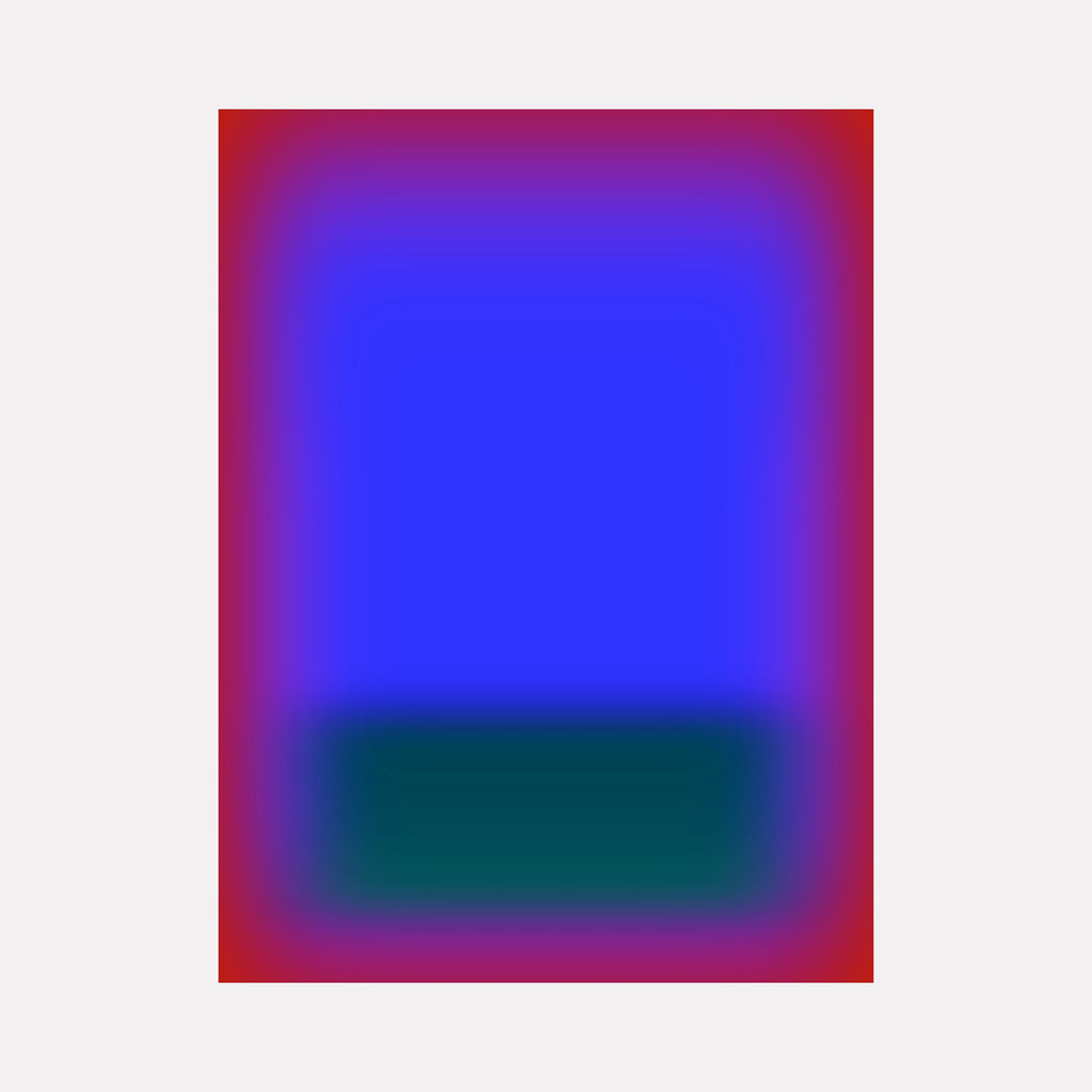 Glow [XII] by Harold Herb displays a striking abstract design with a vibrant cobalt blue block dominating the center, anchored by a deep teal rectangle at the base, all seamlessly enveloped in a radiant crimson-red gradient that softly diffuses outward, creating a vivid yet harmonious modern composition.