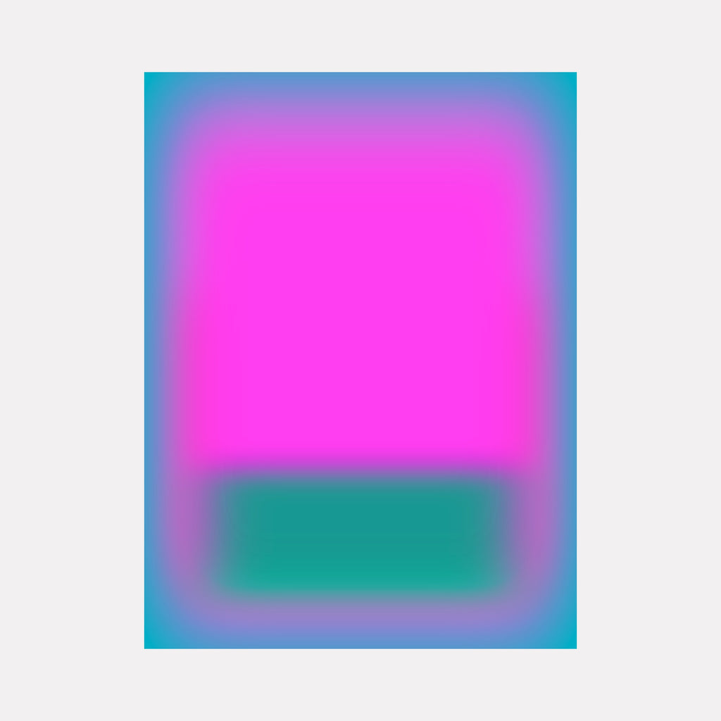 Glow [XIV] by Harold Herb presents a vibrant abstract composition featuring a large luminous magenta field sitting above a rich teal rectangle, both enveloped in a soft, glowing gradient of turquoise and blue hues. The piece exudes a modern, harmonious energy through its smooth transitions and radiant color layering.