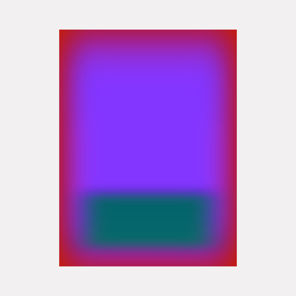 Glow [XI] by Harold Herb features a vibrant abstract composition with a large central violet field gently fading into a vivid red border, accented by a deep teal horizontal block near the bottom, creating a balanced and luminous interplay of bold colors in a contemporary minimalist style.