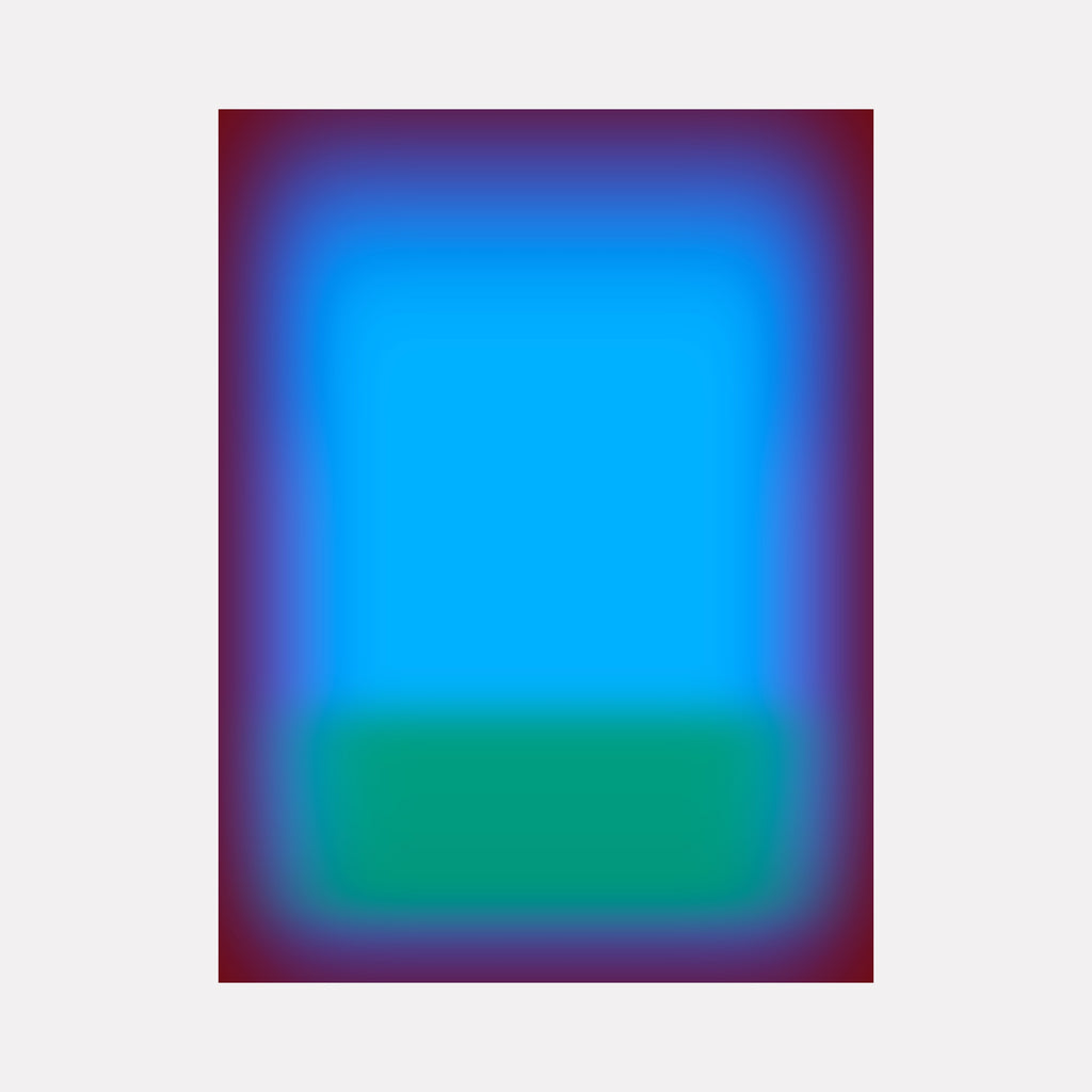 Glow [XVIII] by Harold Herb features a radiant abstract composition with a vivid cyan rectangle floating above a deep emerald block, all softly enveloped by a rich gradient of dark burgundy and subtle violet hues. The piece emanates a tranquil yet captivating modern energy through smooth color blending and luminous layering.