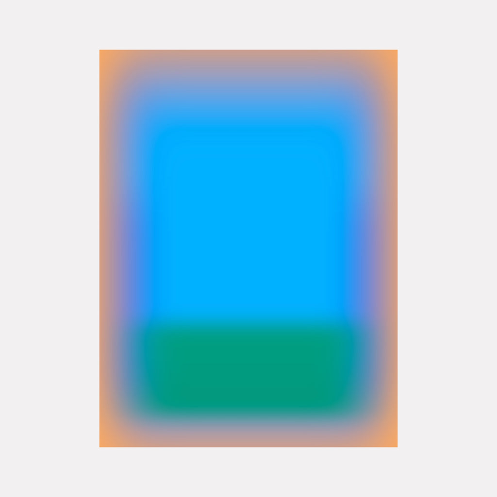 Glow [XVII] by Harold Herb exhibits a soft gradient of vivid cyan that fills a central rectangular area, blending into a deep teal band at the base, all framed by a warm, glowing apricot border that creates a gentle luminous contrast in a refined and tranquil abstract composition.