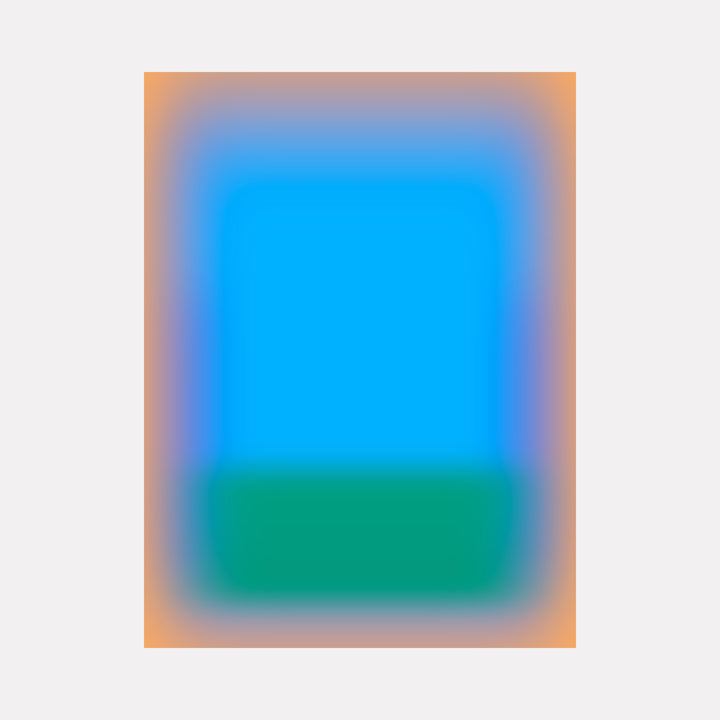 Glow [XVII] by Harold Herb exhibits a soft gradient of vivid cyan that fills a central rectangular area, blending into a deep teal band at the base, all framed by a warm, glowing apricot border that creates a gentle luminous contrast in a refined and tranquil abstract composition.