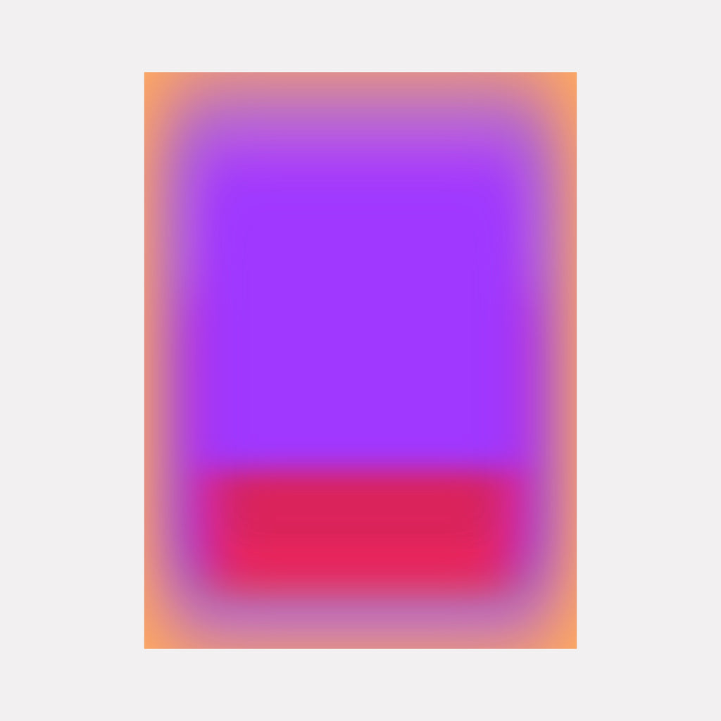 Glow [XVI] by Harold Herb reveals a luminous abstract design with a dominant vibrant violet block above a vivid crimson band, all softly enveloped by a warm gradient of sunset orange tones. The piece radiates a gentle yet dynamic energy through its smooth blending and modern color interplay.