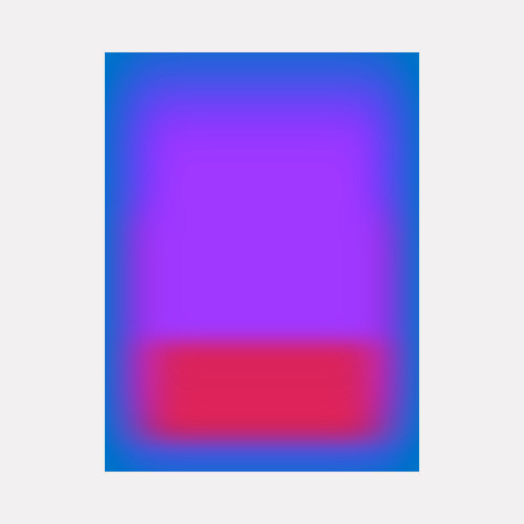 Glow [XV] by Harold Herb presents a radiant abstract composition with a glowing violet rectangle occupying the upper space, softly fading into a luminous red block at the lower edge, all surrounded by a rich blue aura that enhances the vibrant interplay of colors in a serene, modern minimalist style.