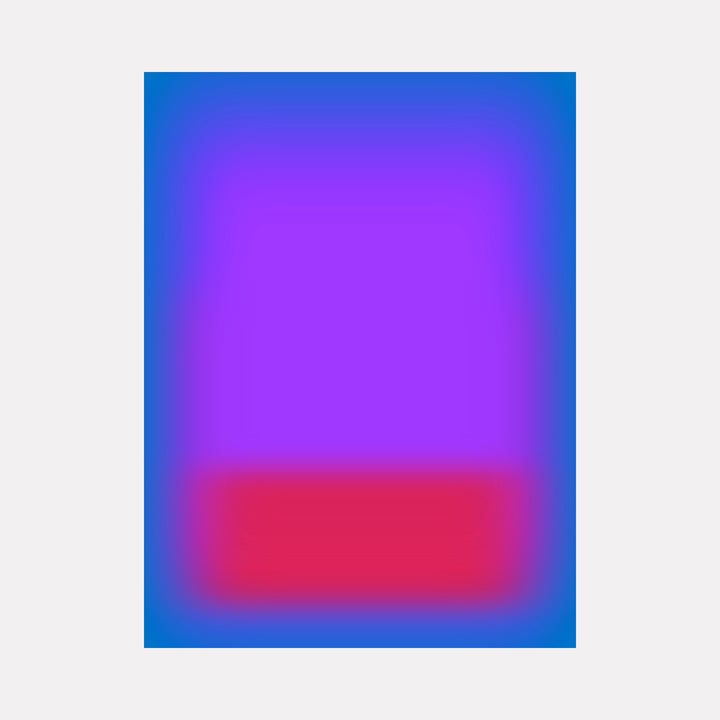 Glow [XV] by Harold Herb presents a radiant abstract composition with a glowing violet rectangle occupying the upper space, softly fading into a luminous red block at the lower edge, all surrounded by a rich blue aura that enhances the vibrant interplay of colors in a serene, modern minimalist style.