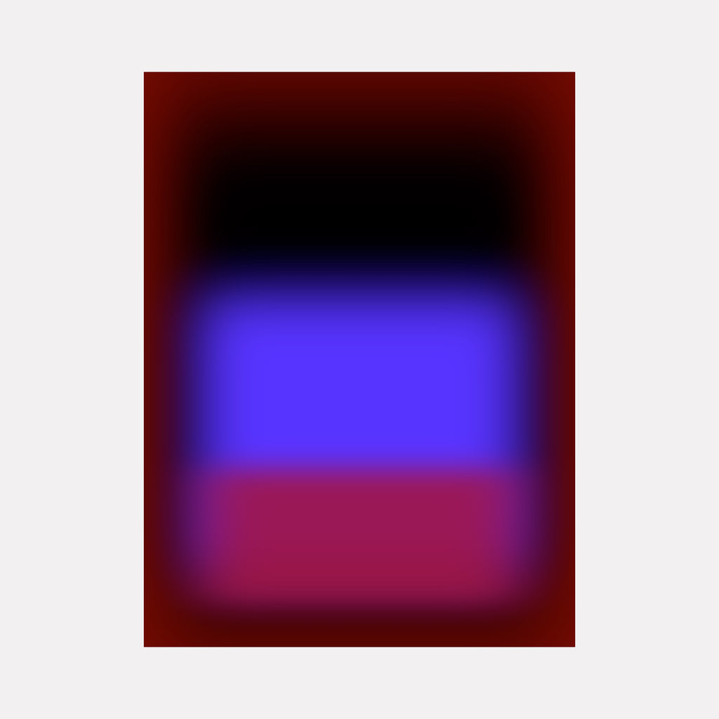 Glow [XXI] by Harold Herb reveals a glowing abstract design with a rich black upper area softly merging into a vivid cobalt blue center, which fades into a deep magenta lower section, all surrounded by a radiant dark red gradient enhancing the composition’s rich and immersive color depth in a modern minimalist style.
