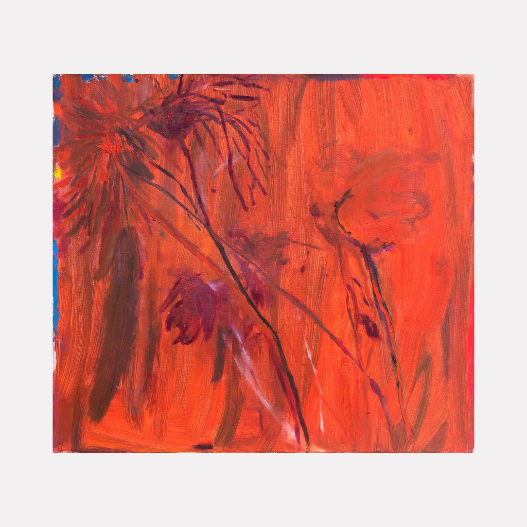 The artwork "have proof" by Aliza Sternstein features bold, expressive brushstrokes in vibrant shades of red and orange, with hints of deep purple and brown forming abstract floral shapes. The texture is raw and energetic, reminiscent of works by Willem de Kooning and the emotive color palette of Mark Rothko, creating a dynamic and intense visual experience.
