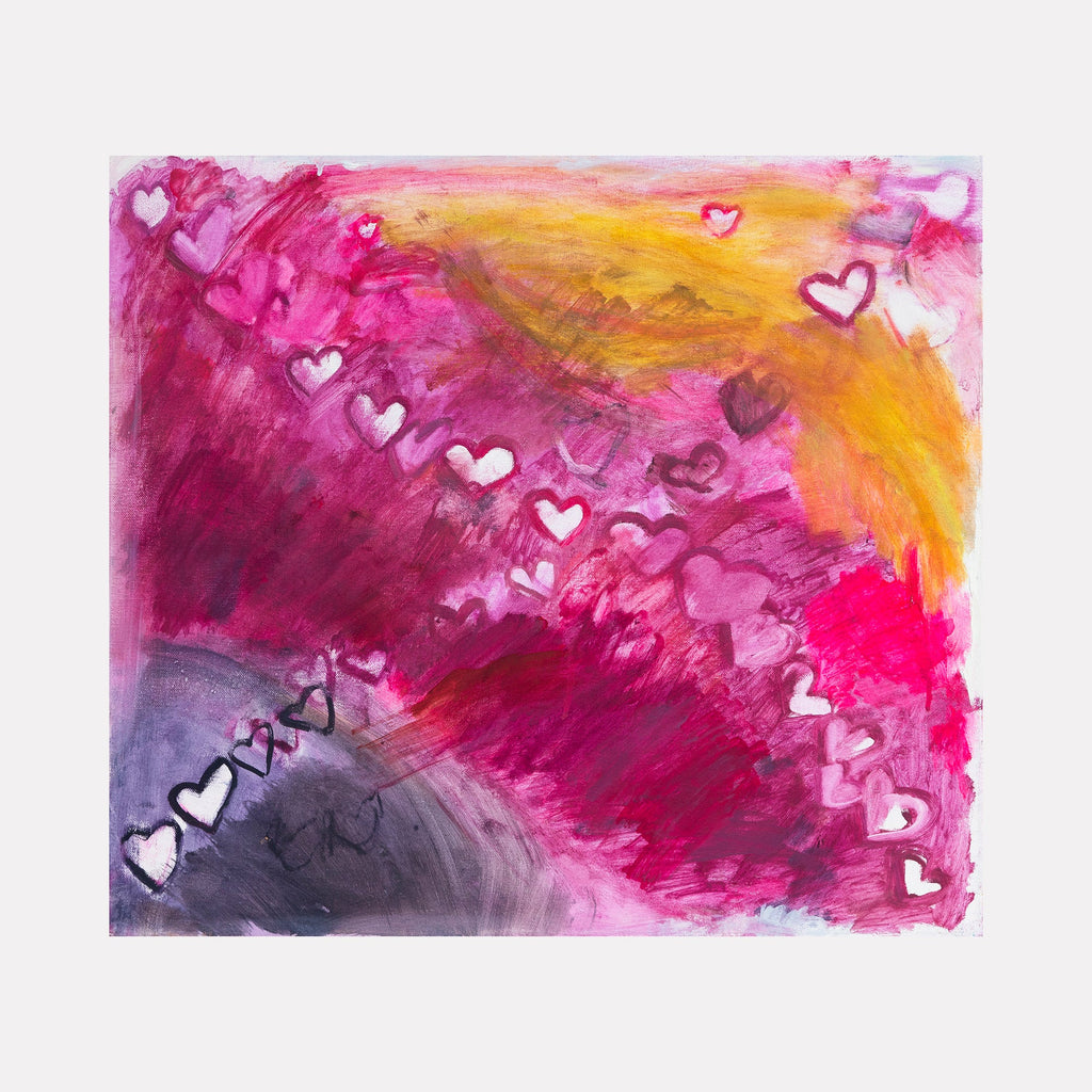 The artwork "hearing the cuckoo cry" by Aliza Sternstein features vibrant swirls of magenta, purple, and yellow with textured brushstrokes creating a dynamic abstract background. Scattered white and pink heart shapes float across the canvas, evoking a sense of motion and emotion, reminiscent of works by Wassily Kandinsky and Joan Mitchell.