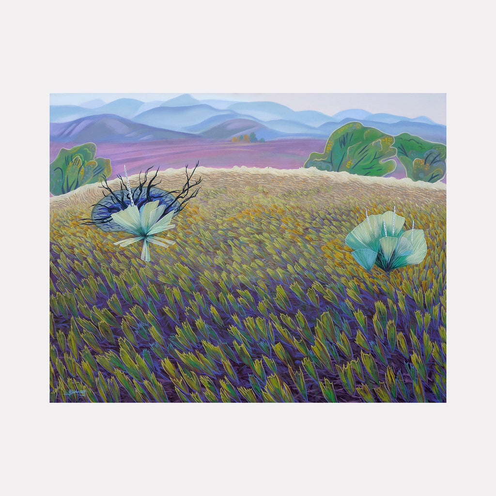 The artwork "Hillside Yucca" by Gina Blickenstaff in gallery position 1 showcases a sweeping prairie scene with layered brushstrokes of purples, greens, and golden yellows. Two yucca plants stand out with geometric, fan-like leaves against rolling hills and distant mountains. The textured style echoes the lyrical landscapes of Emily Carr and the vibrant natural forms of Georgia O’Keeffe.