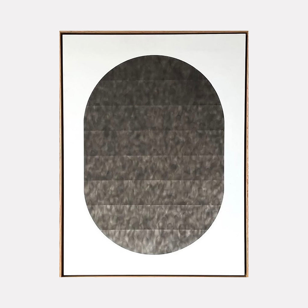 The artwork "Untitled 3" by Evan Ishmael features a minimalist abstract composition with a large, vertically oriented oval shape in varying shades of textured black and gray on a white background. The subtle tonal gradations and clean lines evoke the minimalist abstraction seen in works by Ellsworth Kelly and Agnes Martin.
