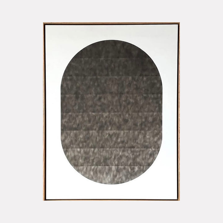 The artwork "Untitled 3" by Evan Ishmael features a minimalist abstract composition with a large, vertically oriented oval shape in varying shades of textured black and gray on a white background. The subtle tonal gradations and clean lines evoke the minimalist abstraction seen in works by Ellsworth Kelly and Agnes Martin.