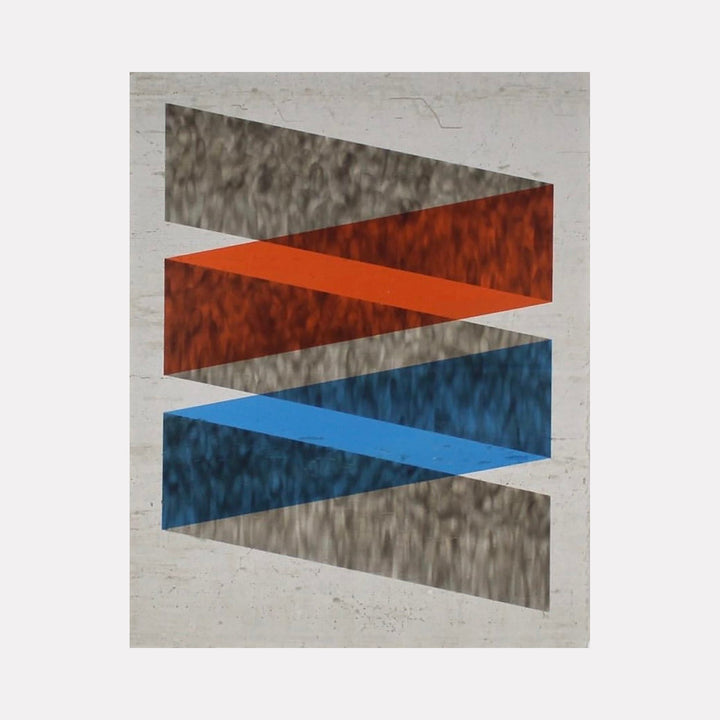 The artwork "Untitled 4" by Evan Ishmael features a minimalist, abstract composition with four overlapping geometric trapezoids in textured shades of gray, burnt orange, and deep blue. The clean lines and subtle layering evoke the precision and color blocking reminiscent of Ellsworth Kelly and Carmen Herrera’s modernist abstraction.