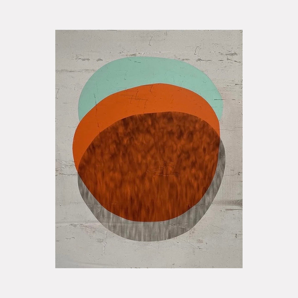 The artwork "Untitled 5" by Evan Ishmael features an abstract portrait with overlapping organic shapes in muted teal, vibrant orange, deep rust, and soft gray tones. The textured surface and subtle layering create a sense of depth and movement, evoking the minimalist abstraction of Ellsworth Kelly and the color harmonies of Helen Frankenthaler.