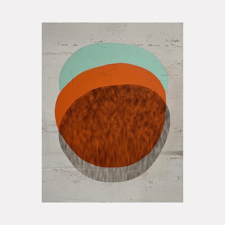 The artwork "Untitled 5" by Evan Ishmael features an abstract portrait with overlapping organic shapes in muted teal, vibrant orange, deep rust, and soft gray tones. The textured surface and subtle layering create a sense of depth and movement, evoking the minimalist abstraction of Ellsworth Kelly and the color harmonies of Helen Frankenthaler.