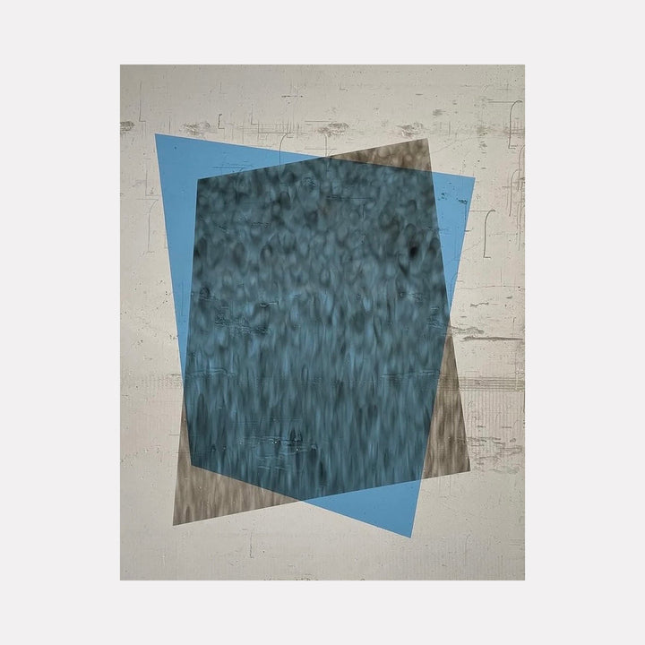 The artwork "Untitled 6" by Evan Ishmael features an abstract composition with overlapping translucent geometric shapes in shades of blue and gray on a textured off-white background. The layered forms and subtle surface details evoke the minimalist abstraction and contemplative aesthetic found in works by Ellsworth Kelly and Agnes Martin.