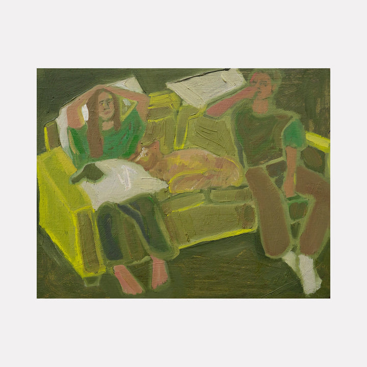 The artwork "memory and desire [Julia and Emma with Ladybird]" by Chelsie Sunde depicts two figures seated on a textured yellow couch with a brown dog nestled between them. The painting features muted greens, browns, and yellows with an impressionistic style, emphasizing relaxed postures and soft, blended brushstrokes. Chelsie Sunde