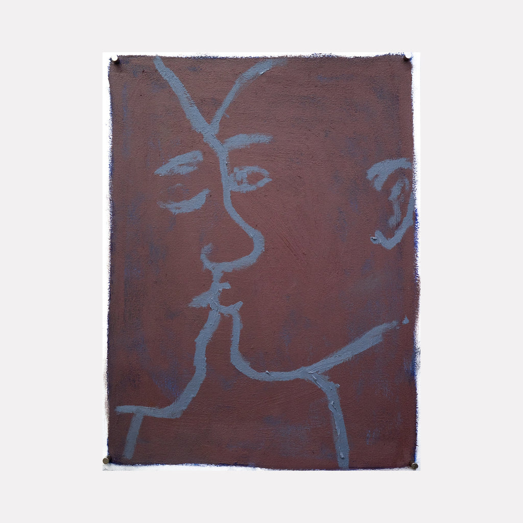 The artwork "movie kiss" by Chelsie Sunde features a minimalist line drawing of two faces in a close, intimate kiss, outlined in a soft blue against a textured brown background. The simple yet expressive style emphasizes connection and emotion through abstract shapes and muted earthy tones. Chelsie Sunde