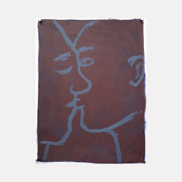 The artwork "movie kiss" by Chelsie Sunde features a minimalist line drawing of two faces in a close, intimate kiss, outlined in a soft blue against a textured brown background. The simple yet expressive style emphasizes connection and emotion through abstract shapes and muted earthy tones. Chelsie Sunde