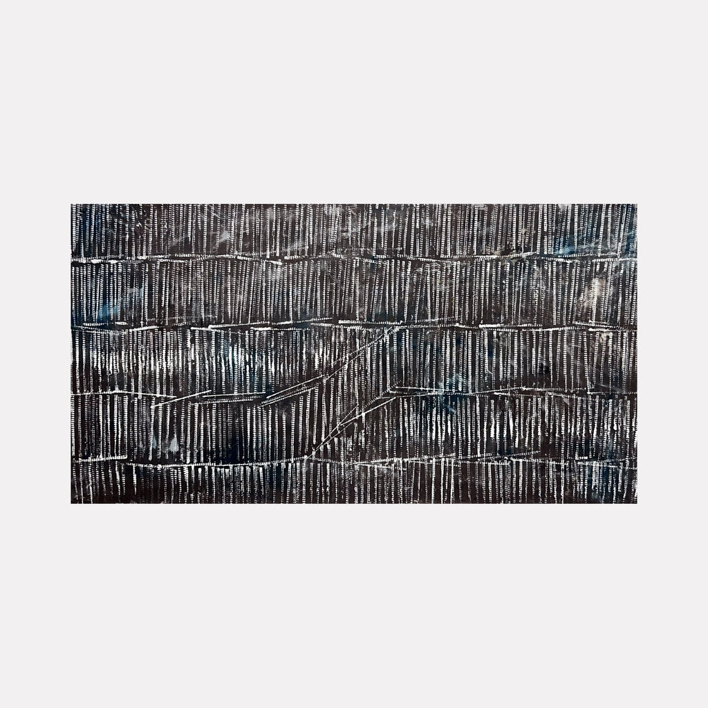 The artwork "Next Move 13" by Albion Vu features an abstract composition of layered horizontal and diagonal lines in deep blacks and muted blues with textured, weathered surfaces. The interplay of linear patterns and subtle tonal shifts evokes a contemplative, structured abstraction reminiscent of the minimalist geometry found in works by Agnes Martin and Sean Scully.