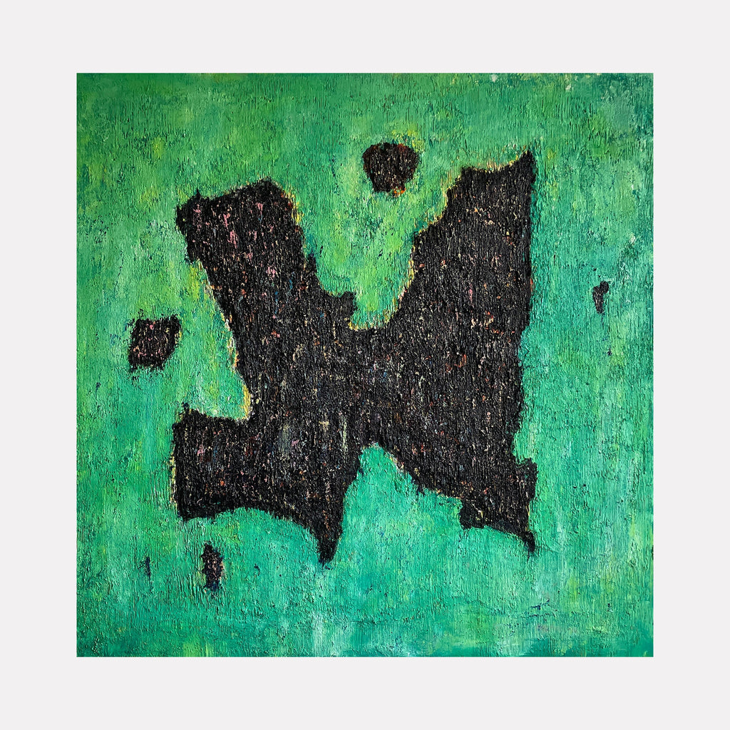 The artwork "número 56" by Roberto A Godinez features an abstract composition dominated by a textured, irregular black form set against a vibrant green background. The layered rough brushstrokes evoke a tactile depth reminiscent of Jean Dubuffet’s art brut and the organic abstraction found in works by Franz Kline.