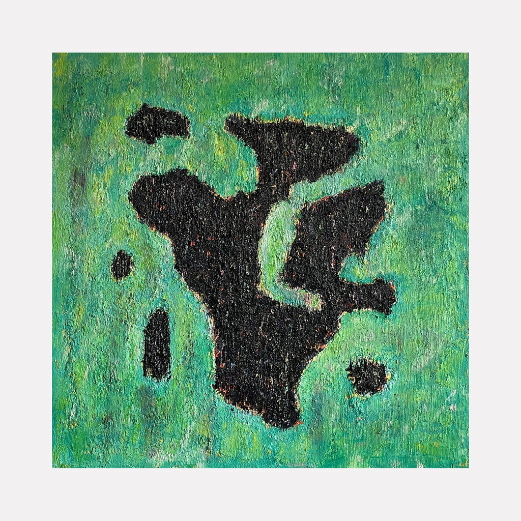 The artwork "número 57" by Roberto A Godinez features a striking abstract composition with textured, irregular black shapes set against a richly layered green background. The tactile brushwork and organic forms evoke a raw, natural quality, reminiscent of mid-century abstraction and the bold contrasts found in works by Jean Dubuffet and Anselm Kiefer.