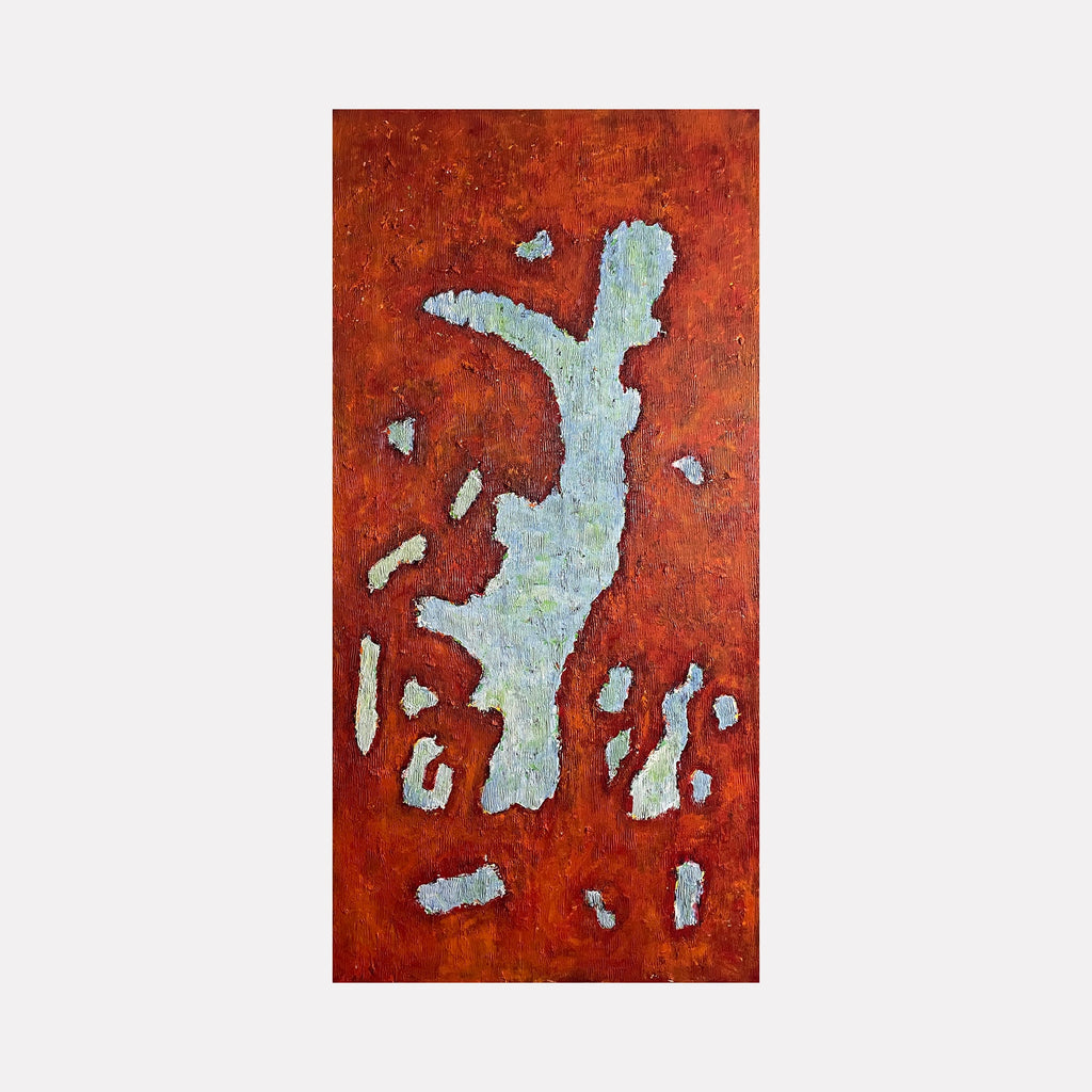 The artwork "Numero 58" by Roberto A Godinez in gallery position 1 features an abstract composition with an elongated, textured pale blue form surrounded by smaller irregular shapes against a rich, rusty red background. The layered surfaces and organic arrangement evoke the abstract expressionism of Jean Dubuffet and the tactile qualities found in Alberto Burri's works.