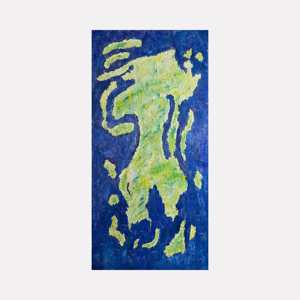 The artwork "Numero 59" by Roberto A Godinez in gallery position 1 features an abstract composition of organic, irregular green forms set against a deep, textured blue background. The dynamic brushwork and layered textures evoke the spontaneous abstraction of Willem de Kooning and the biomorphic shapes found in Joan Miró’s surrealist works.